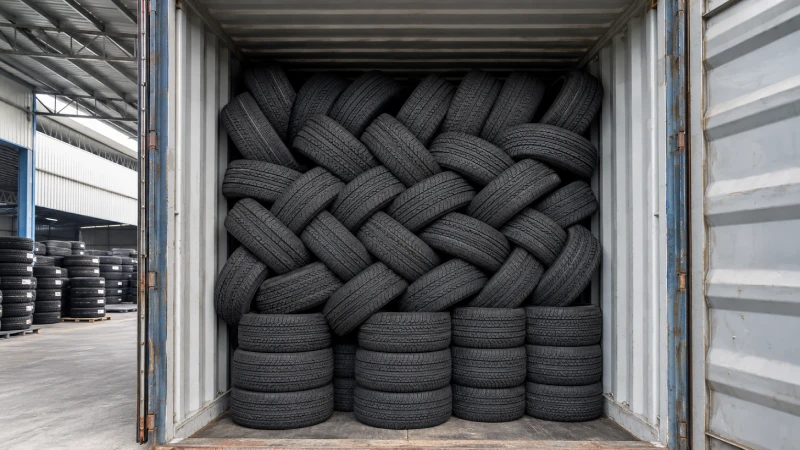 Tyres loaded in an interlaced arrangement inside a container for shipping from China to Ghana