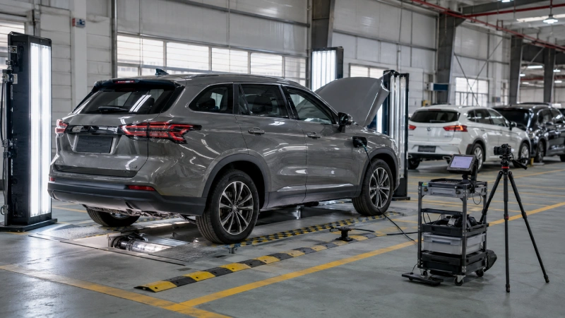 Used vehicle undergoing export inspection and preparation at a logistics facility in China