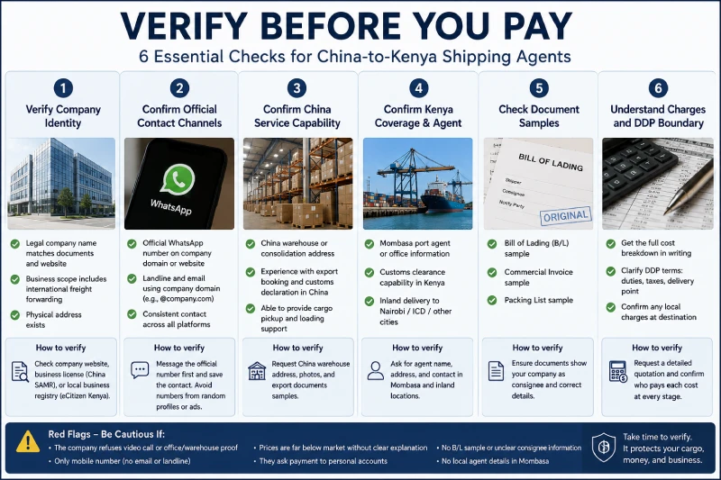 Checklist for verifying a China to Kenya shipping agent before payment, including company identity, official contacts, Kenya agent, Bill of Lading and DDP charges