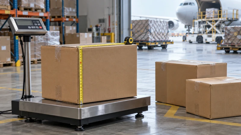Export carton being measured and weighed to calculate chargeable weight for air freight from China to Kenya