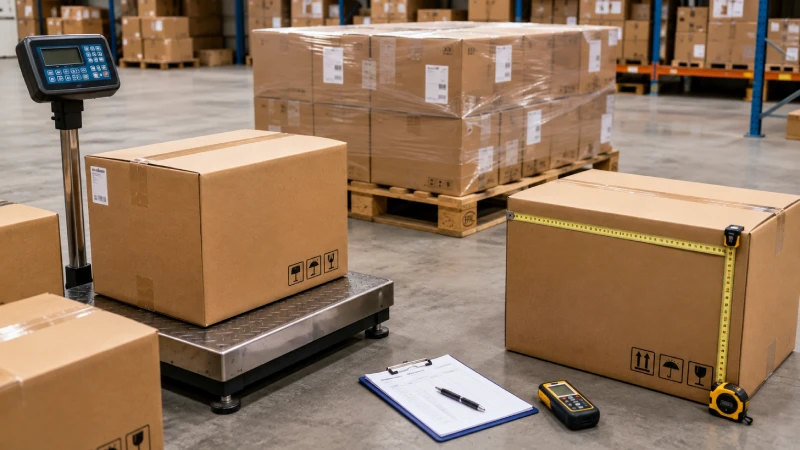 Commercial cartons being measured for air freight chargeable and volumetric weight calculation