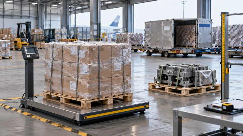 Palletized air freight cargo prepared for chargeable weight calculation before shipping to Frankfurt