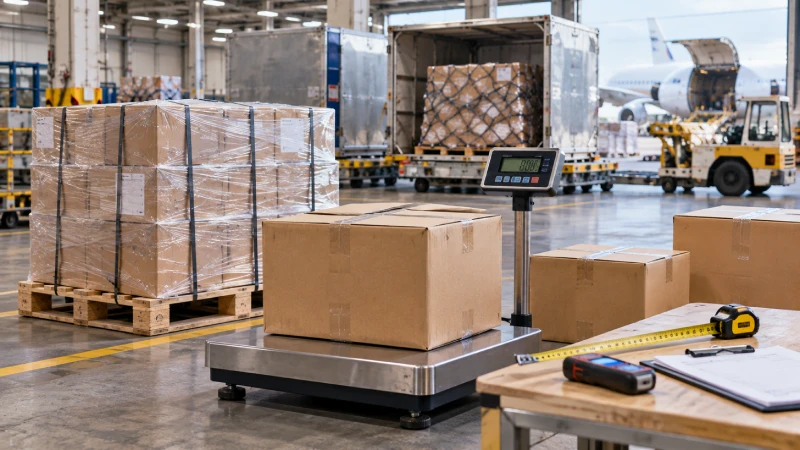 Air freight cartons being measured and weighed for chargeable weight calculation