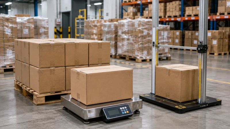 Export cartons being measured and weighed to calculate chargeable weight for China to UK air freight