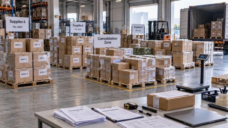Multiple Alibaba supplier orders consolidated at a freight warehouse in China before shipping to Kenya