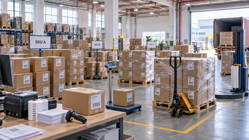 Amazon FBA shipment consolidation and carton preparation at a logistics warehouse in China