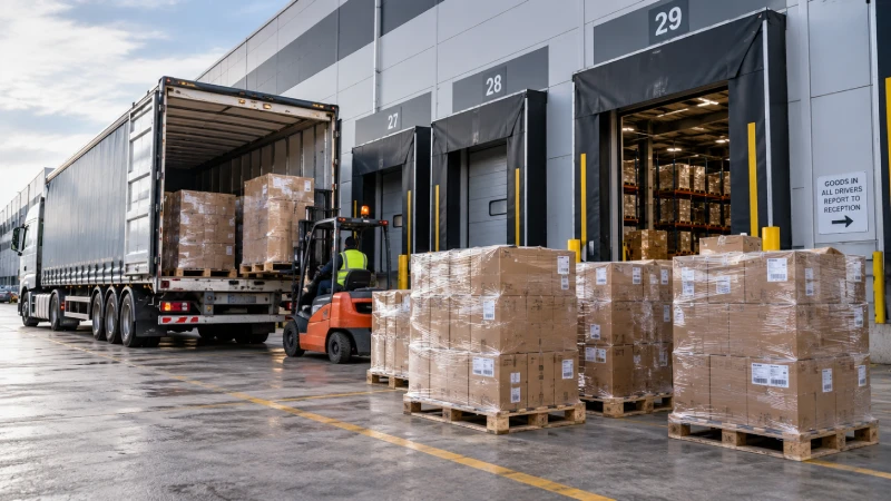 Palletised e-commerce inventory arriving by truck for final delivery to a UK fulfilment centre