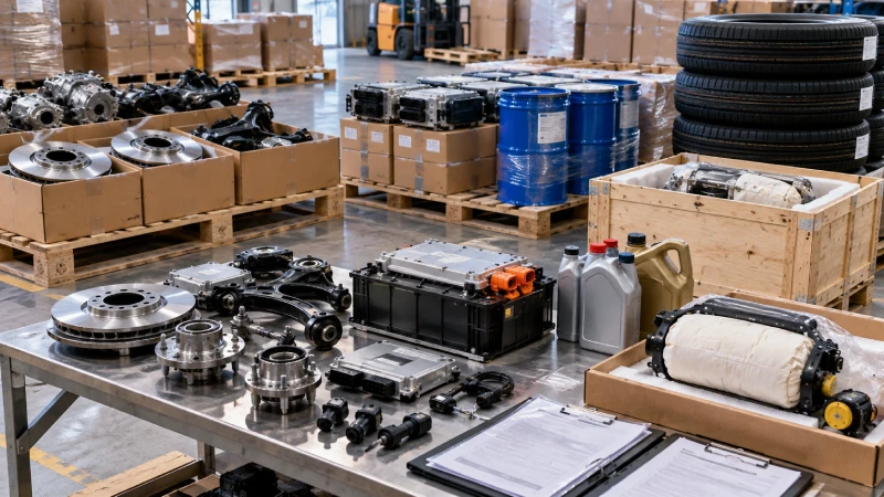 Different automotive parts requiring cargo and dangerous goods screening before UK shipment