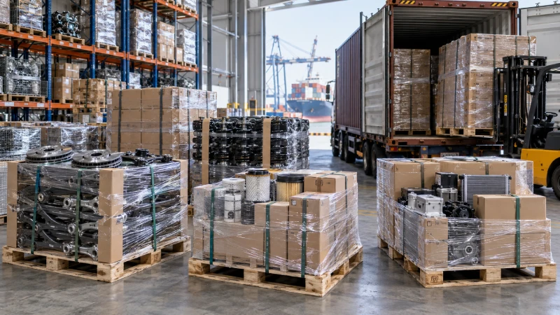 Palletized auto parts prepared for LCL and FCL shipping from China to Germany