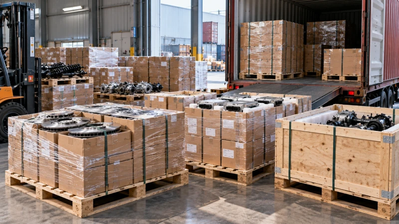 Palletized auto parts packed for container shipping from China to the UK