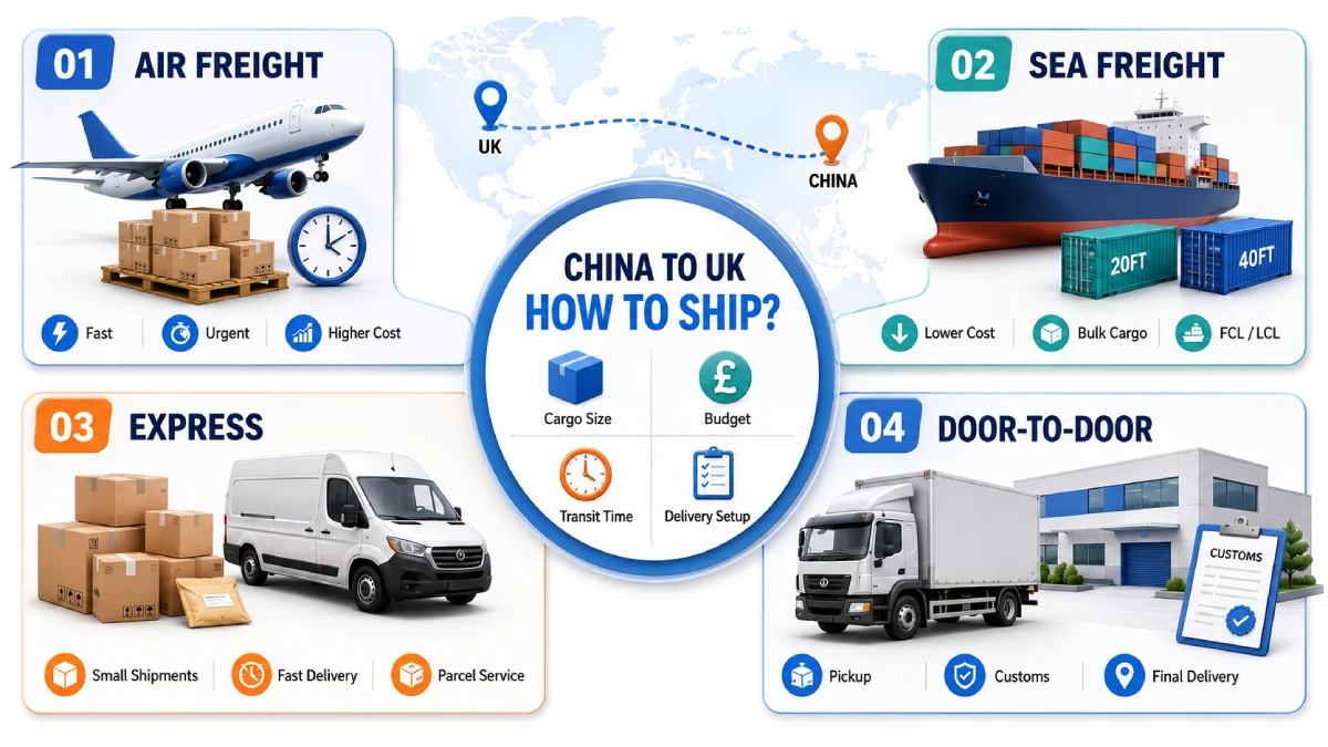 Sea, air, express and door-to-door shipping methods from China to the UK