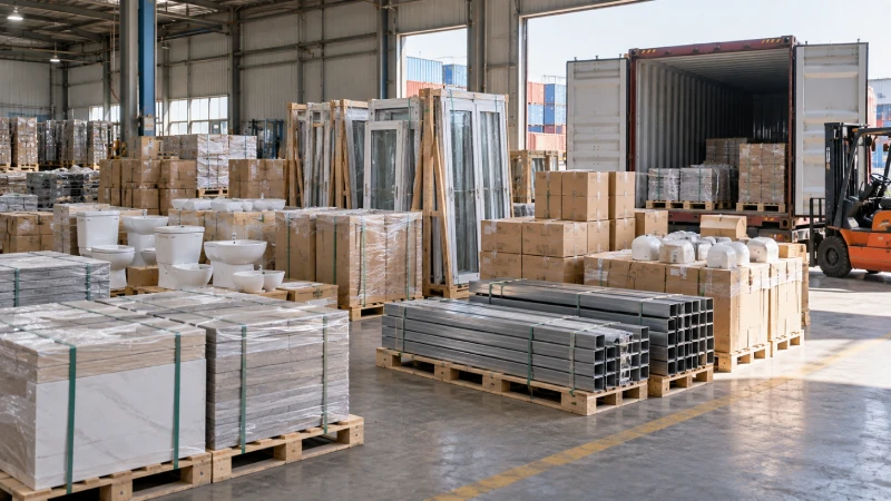 Building materials consolidated at a China warehouse for shipping to Kenya