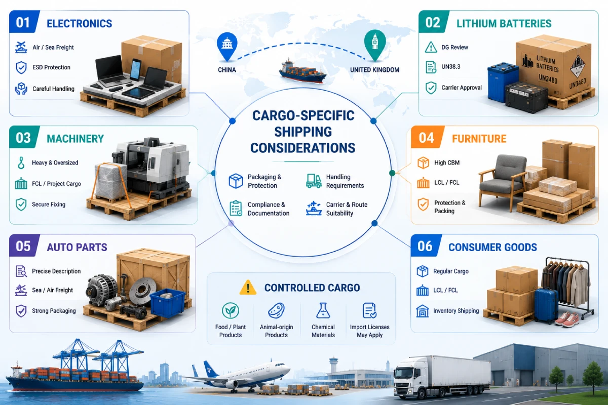 Cargo-specific shipping considerations from China to the UK for electronics, lithium batteries, machinery, furniture, auto parts and consumer goods