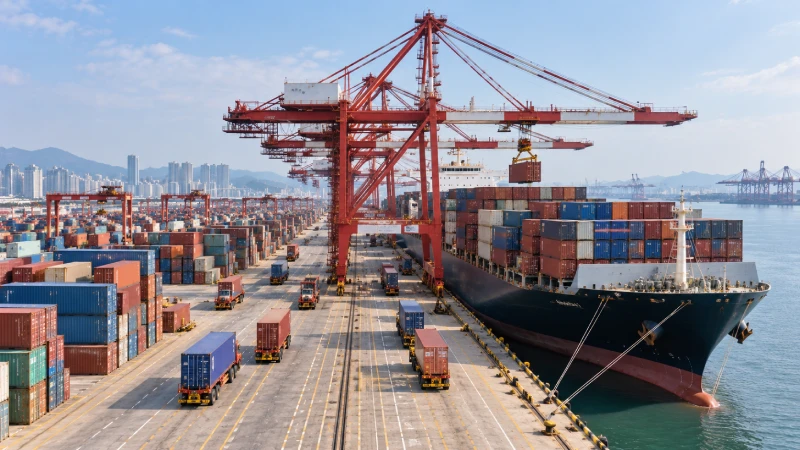Containers being loaded at a major Chinese port for shipping to Felixstowe