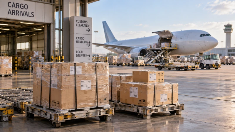 Small commercial air cargo from China prepared for customs clearance and delivery after arrival in Nairobi Kenya
