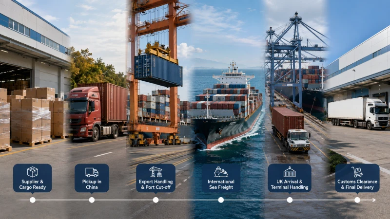 China to UK door-to-door freight timeline from supplier pickup to final delivery