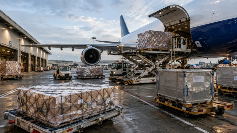 Air cargo pallets and ULD containers being handled at an international airport for China to UK air freight
