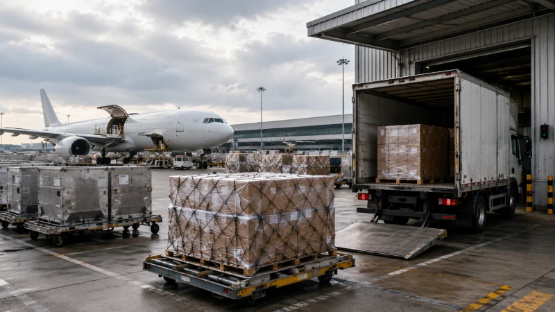 Air cargo arriving at a UK airport for customs handling and final truck delivery