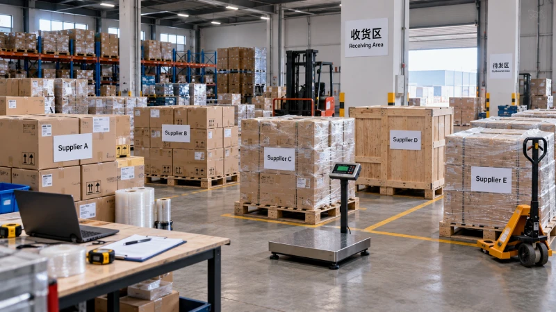 Supplier cartons being checked and organized in a China warehouse before consolidation for Kenya