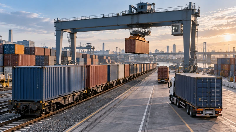 Container rail freight arriving at a German inland terminal for final delivery from Duisburg