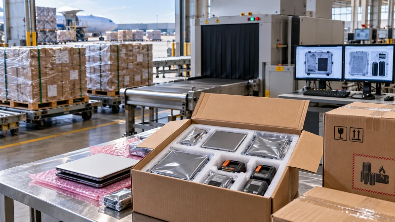 Electronics and lithium battery cargo prepared for air freight security screening from China to Germany
