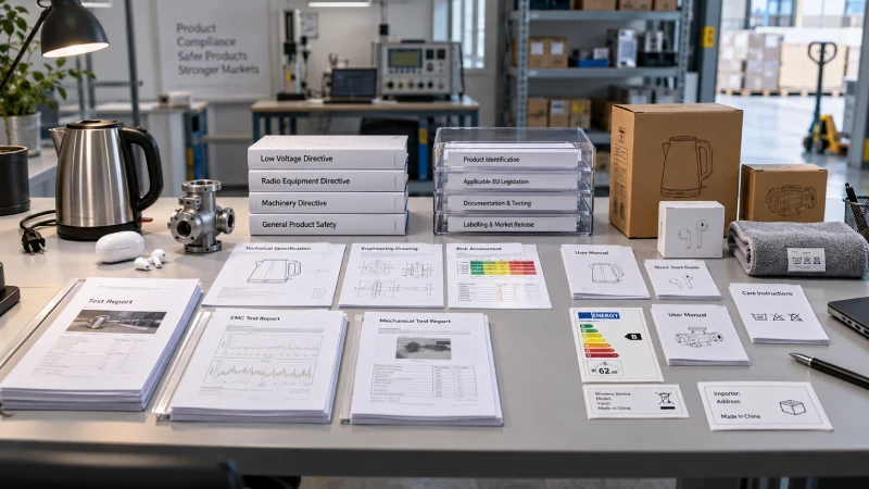 EU product compliance review process covering product classification, technical documents and labelling requirements