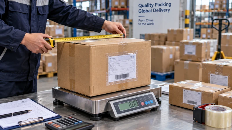 Carton dimensions and actual weight being checked for express shipping from China to Kenya