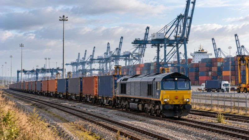 Container train leaving Felixstowe for inland freight delivery across the UK