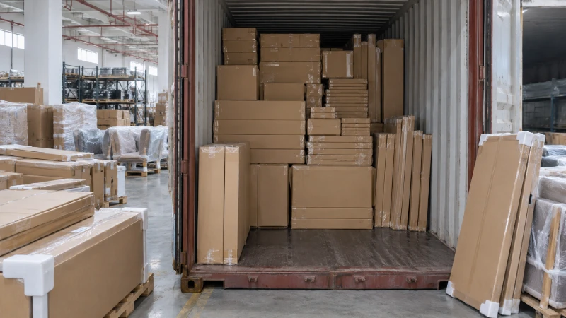 Flat-pack furniture cartons arranged for efficient loading into a 40HQ shipping container