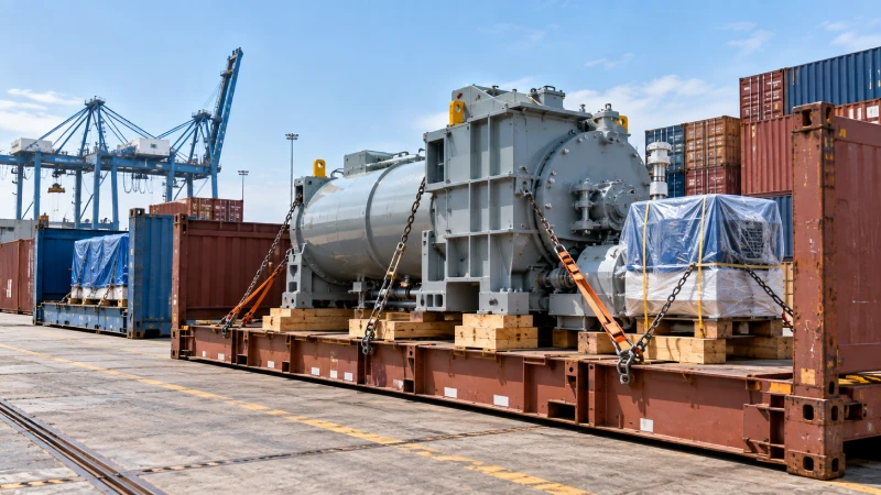 Oversized industrial machinery secured on a flat rack for shipping from China to the UK