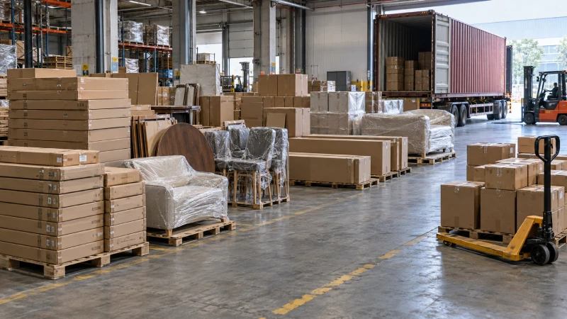 Consolidated furniture cartons prepared for LCL or FCL shipping from China to the UK