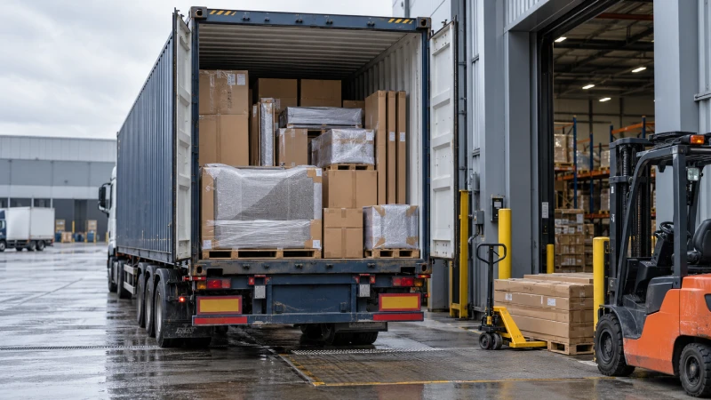 Protected furniture cartons being unloaded from a shipping container at a UK warehouse