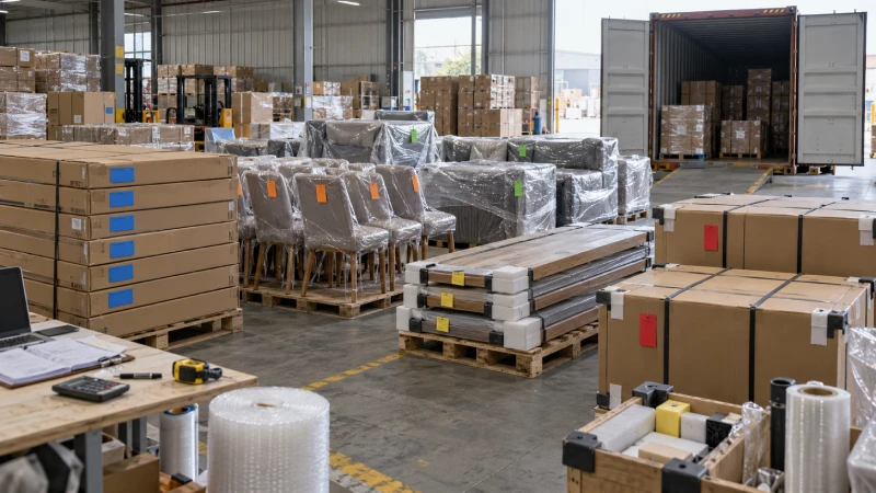 Furniture from multiple Chinese suppliers consolidated and packed before shipment to Kenya
