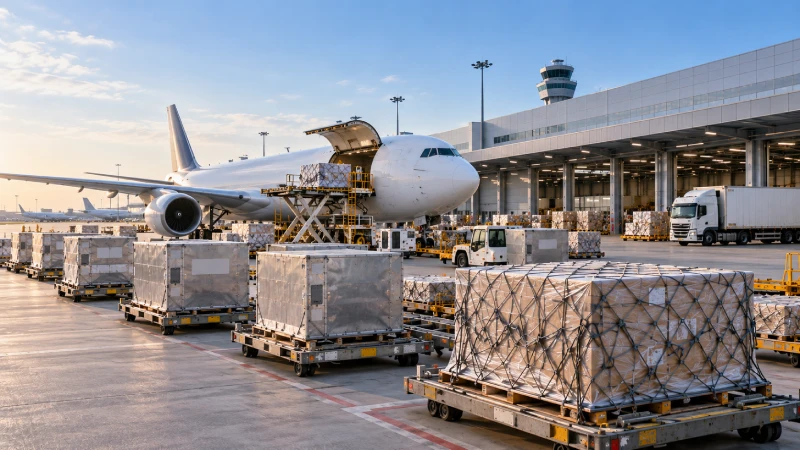 Air cargo handling operation at a German airport for freight arriving from China
