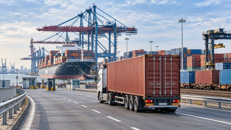 Container truck leaving a German seaport for inland FCL delivery