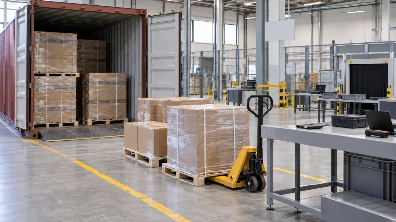 Imported cargo undergoing customs inspection at a German container clearance facility