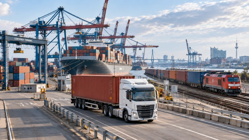 Container port-to-door delivery in Germany using truck and rail after sea freight arrival