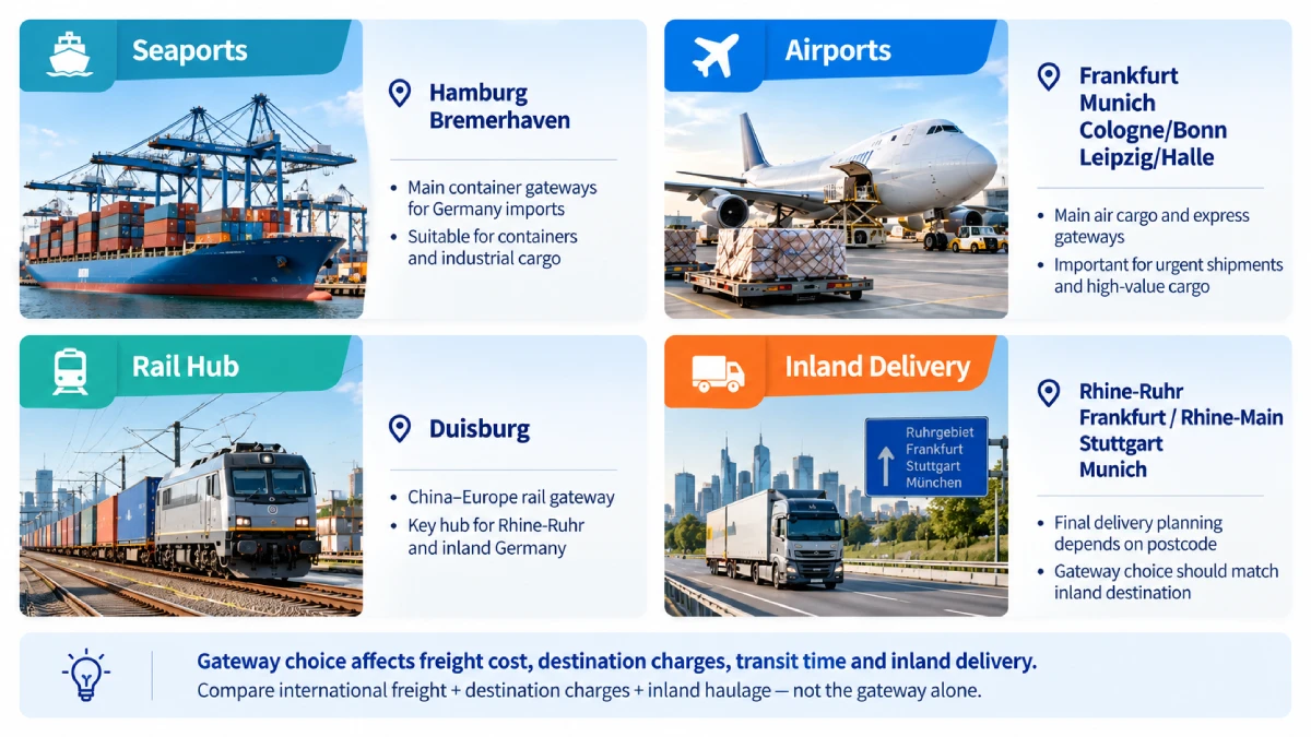Major German ports, airports and inland delivery hubs