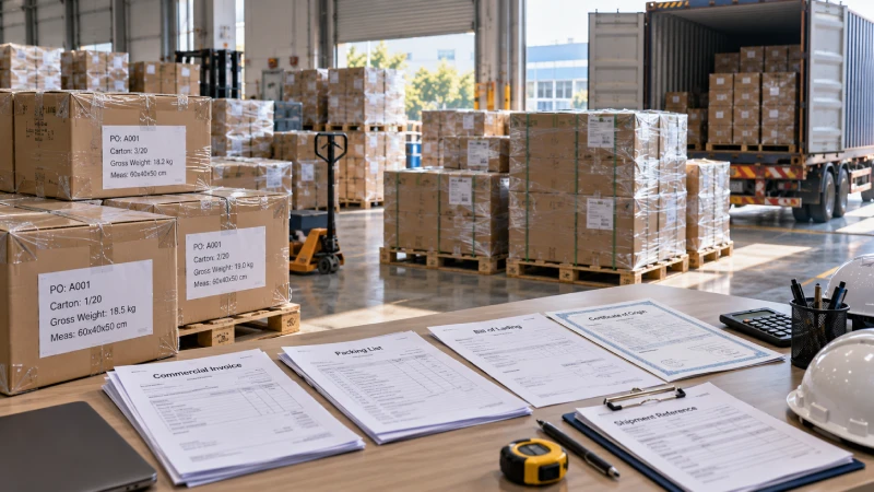 Commercial invoice packing list and export cargo checked before an Alibaba shipment from China to Kenya