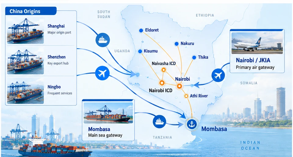 Port de Mombasa, aéroport de Nairobi et zones de livraison intérieure au Kenya