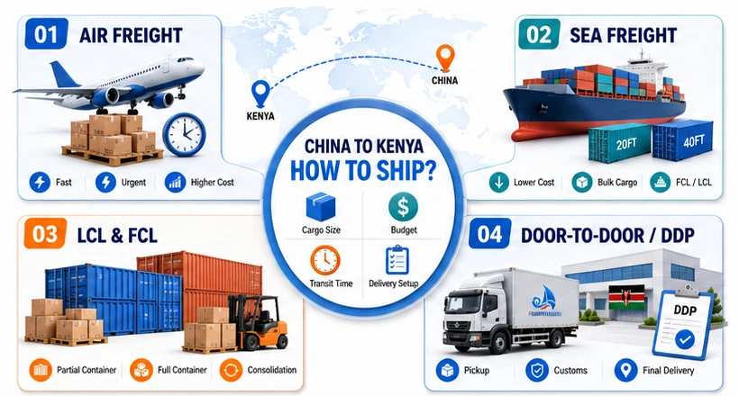 Méthodes d'expédition maritime, aérienne, express et porte-à-porte de la Chine vers le Kenya