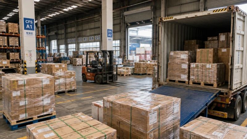 LCL cargo consolidation at a China container freight station before shipping to the UK