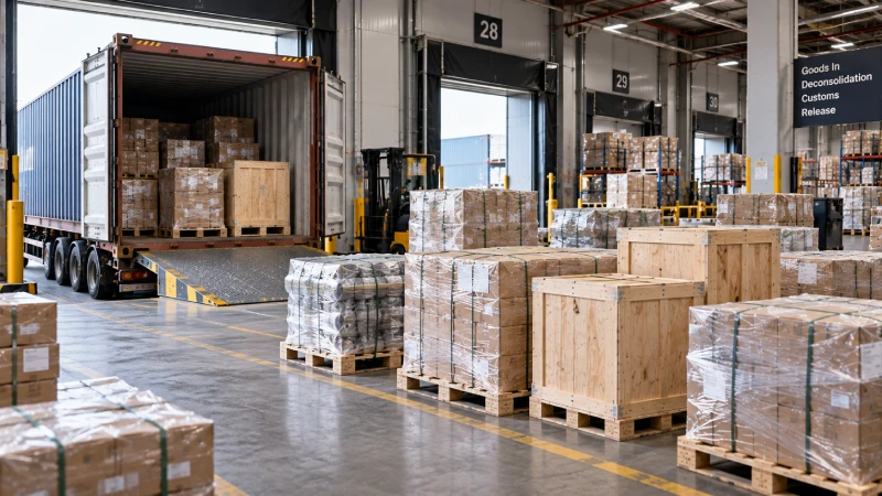 LCL-Entkonsolidierung in Deutschland mit Paletten und Kisten, die aus einem geteilten Container in einem Ziel-CFS entladen werden