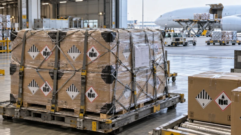 Lithium battery dangerous goods cargo prepared for air freight from China to Germany