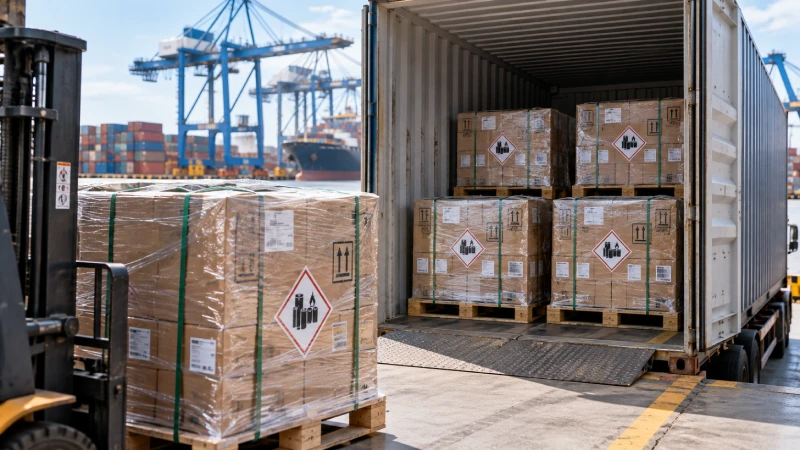 Palletized lithium battery dangerous goods cargo prepared for sea freight from China to the UK