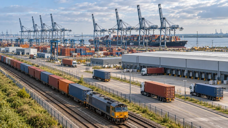 Container rail, trucks and warehouses illustrating London Gateway port-centric logistics and inland connections