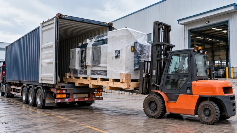 Heavy machinery being unloaded from a shipping container at a UK industrial site