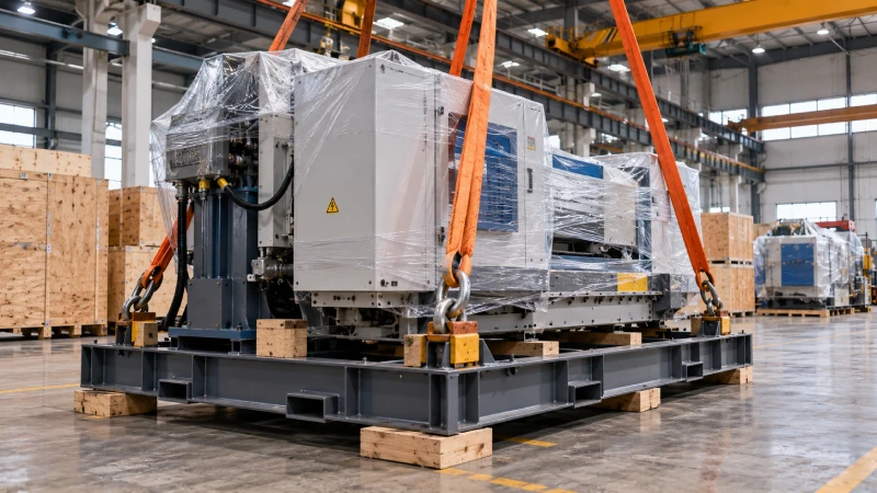 Industrial machinery packed on a steel skid with lifting points for export from China