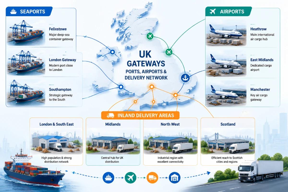 Main UK ports, airports and inland delivery areas for China shipments