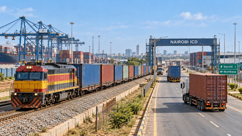 Container inland transport from Mombasa toward Nairobi by rail and truck in Kenya